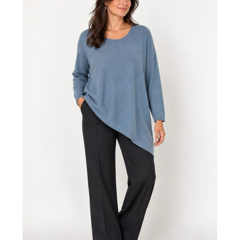 Eileen Fisher 100% Cashmere Sweater Medium Blue Asymmetrical Hem Oversized